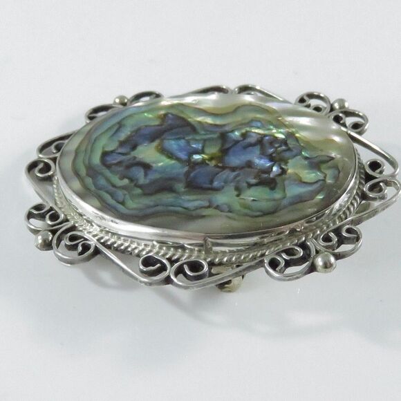 Vintage Abalone Sterling Silver Pendant Brooch Taxco Mexico E. Ortiz 2" H x 1 5/ - Picture 5 of 8